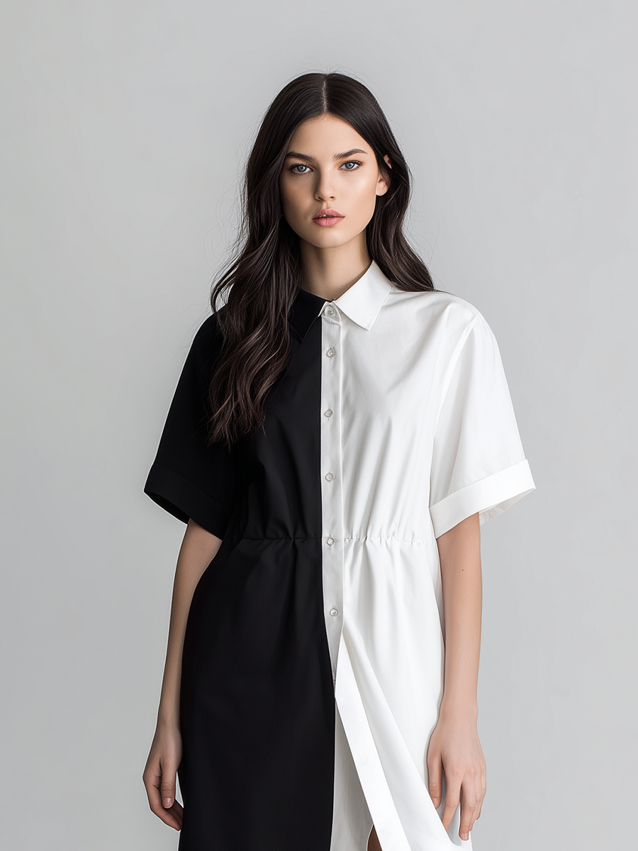 Women's Minimalist Black & White Color-Block Shirt Dress With Subtle Waist-Cinching