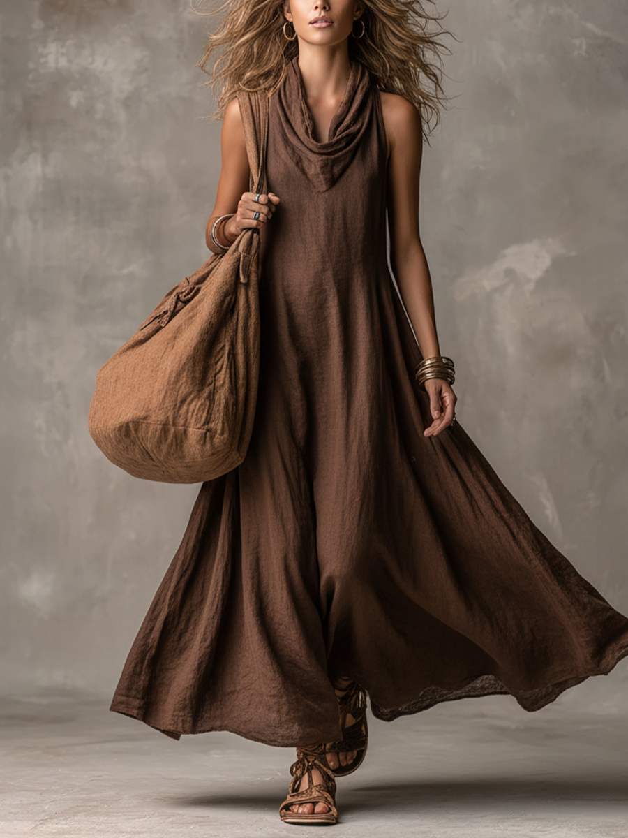 Women's Bohemian Dark Brown Linen-Cotton Cowl Neck Sleeveless Flowy Maxi Dress