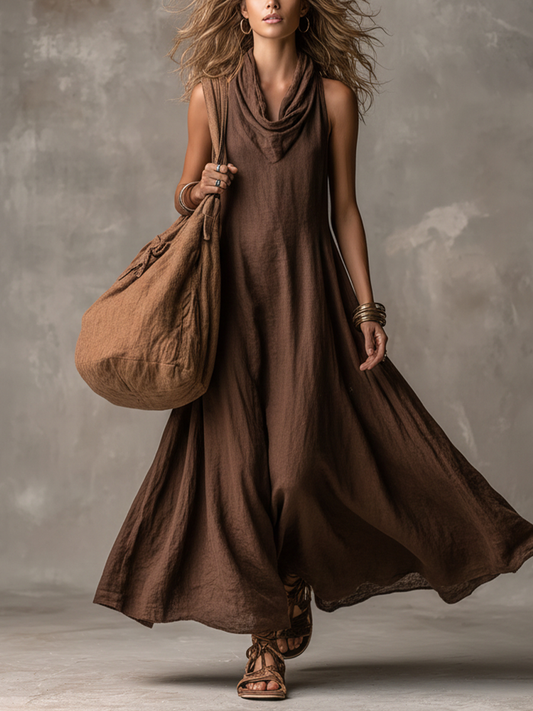 Women's Bohemian Dark Brown Linen-Cotton Cowl Neck Sleeveless Flowy Maxi Dress