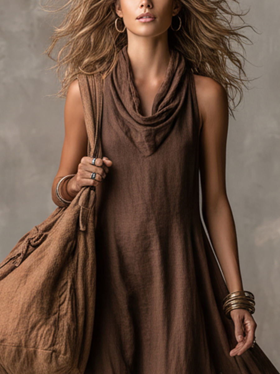 Women's Bohemian Dark Brown Linen-Cotton Cowl Neck Sleeveless Flowy Maxi Dress