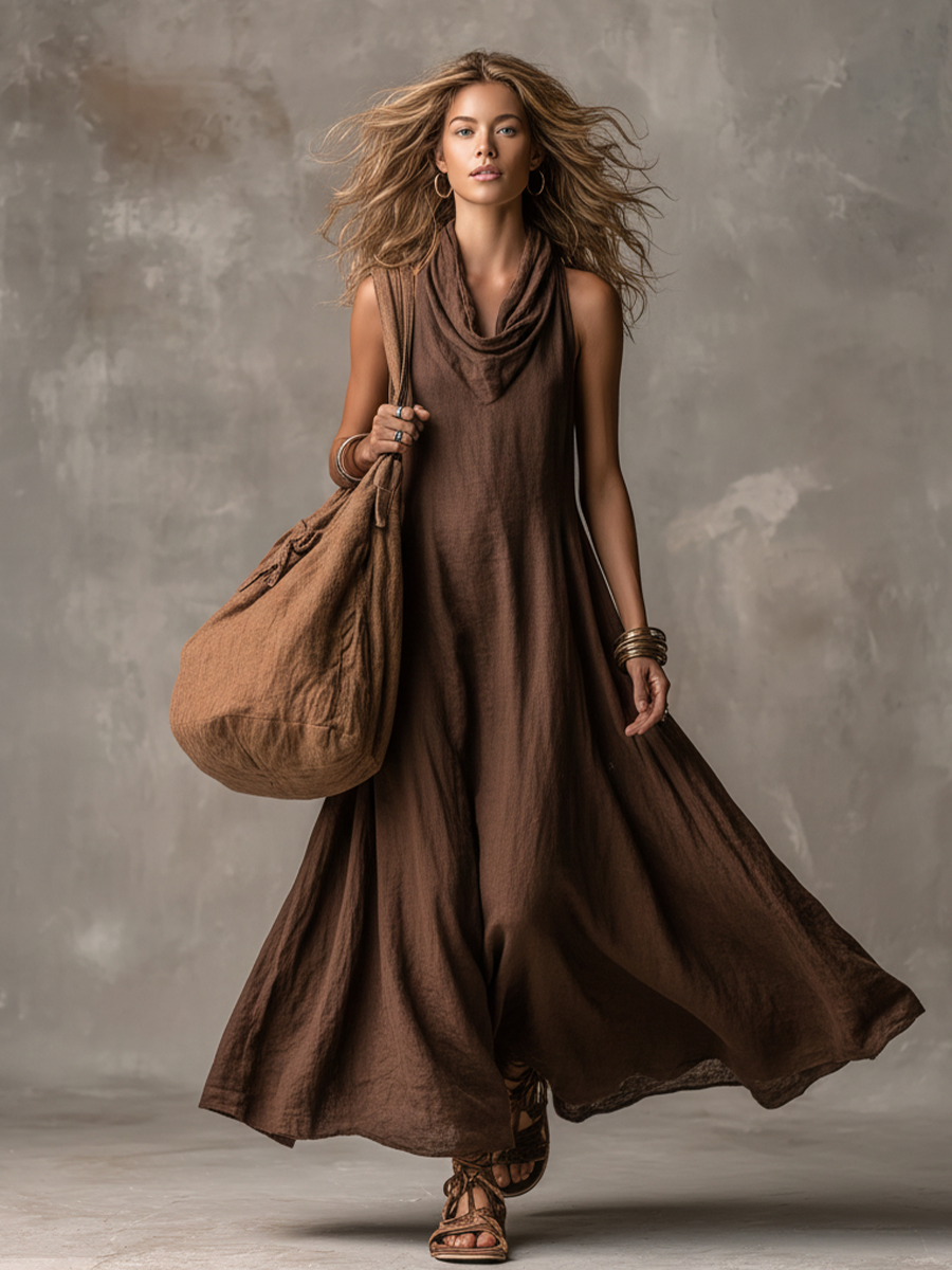 Women's Bohemian Dark Brown Linen-Cotton Cowl Neck Sleeveless Flowy Maxi Dress