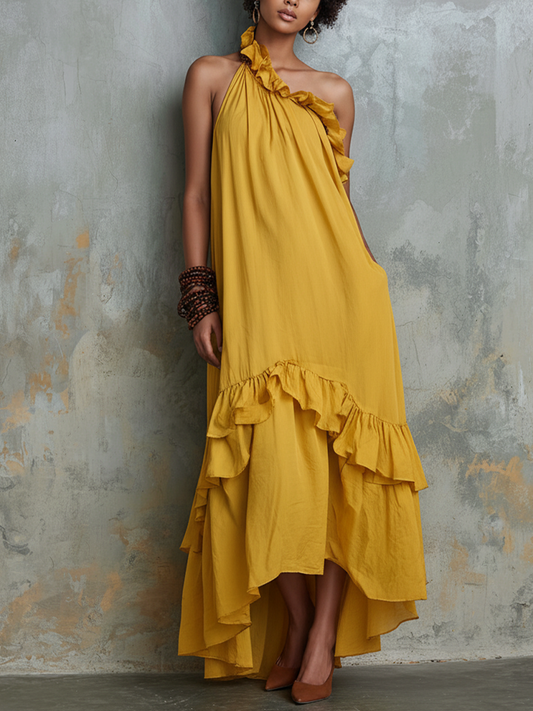 Women’s Resort Style Ginger Yellow Cotton Linen One-Shoulder Ruffled Irregular Long Dress