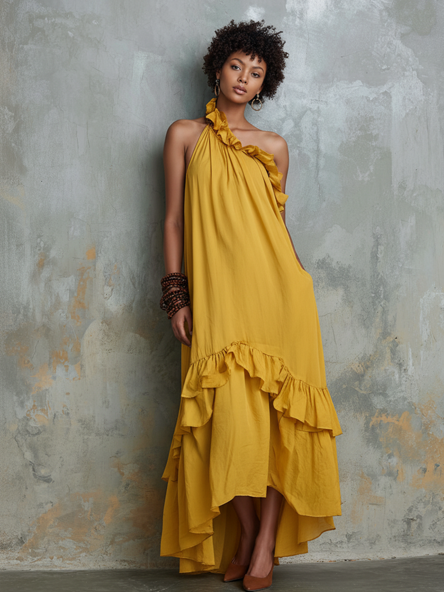 Women’s Resort Style Ginger Yellow Cotton Linen One-Shoulder Ruffled Irregular Long Dress