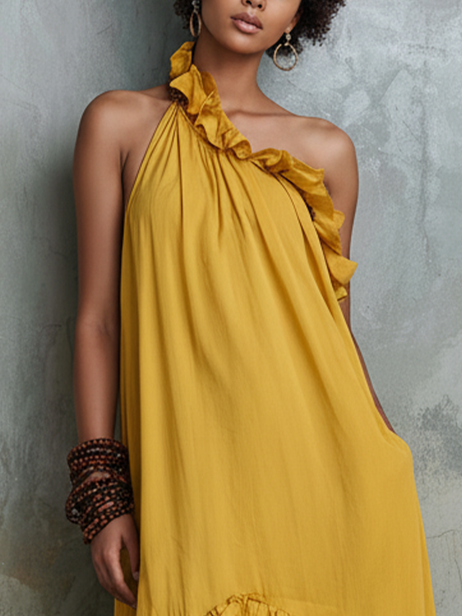 Women’s Resort Style Ginger Yellow Cotton Linen One-Shoulder Ruffled Irregular Long Dress