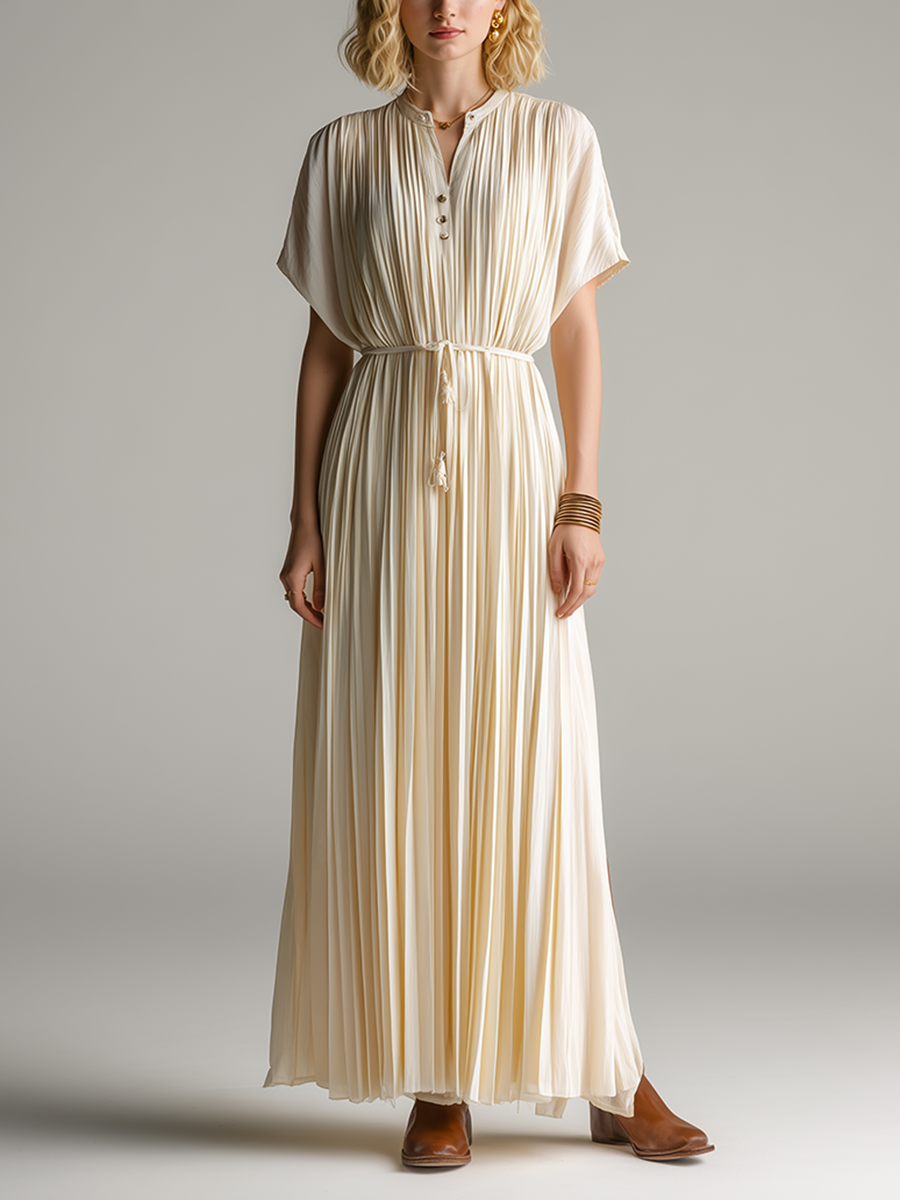 Women's Minimalist & Elegant Pleated Maxi Dress — Off-White, Short Sleeve