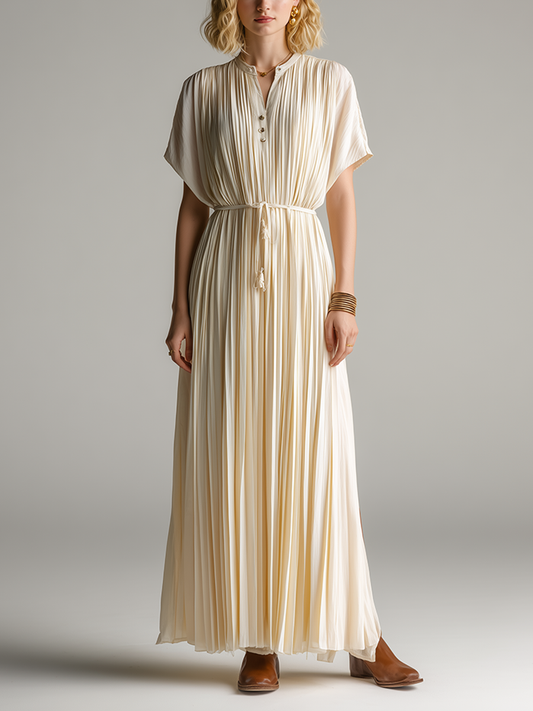 Women's Minimalist & Elegant Pleated Maxi Dress — Off-White, Short Sleeve