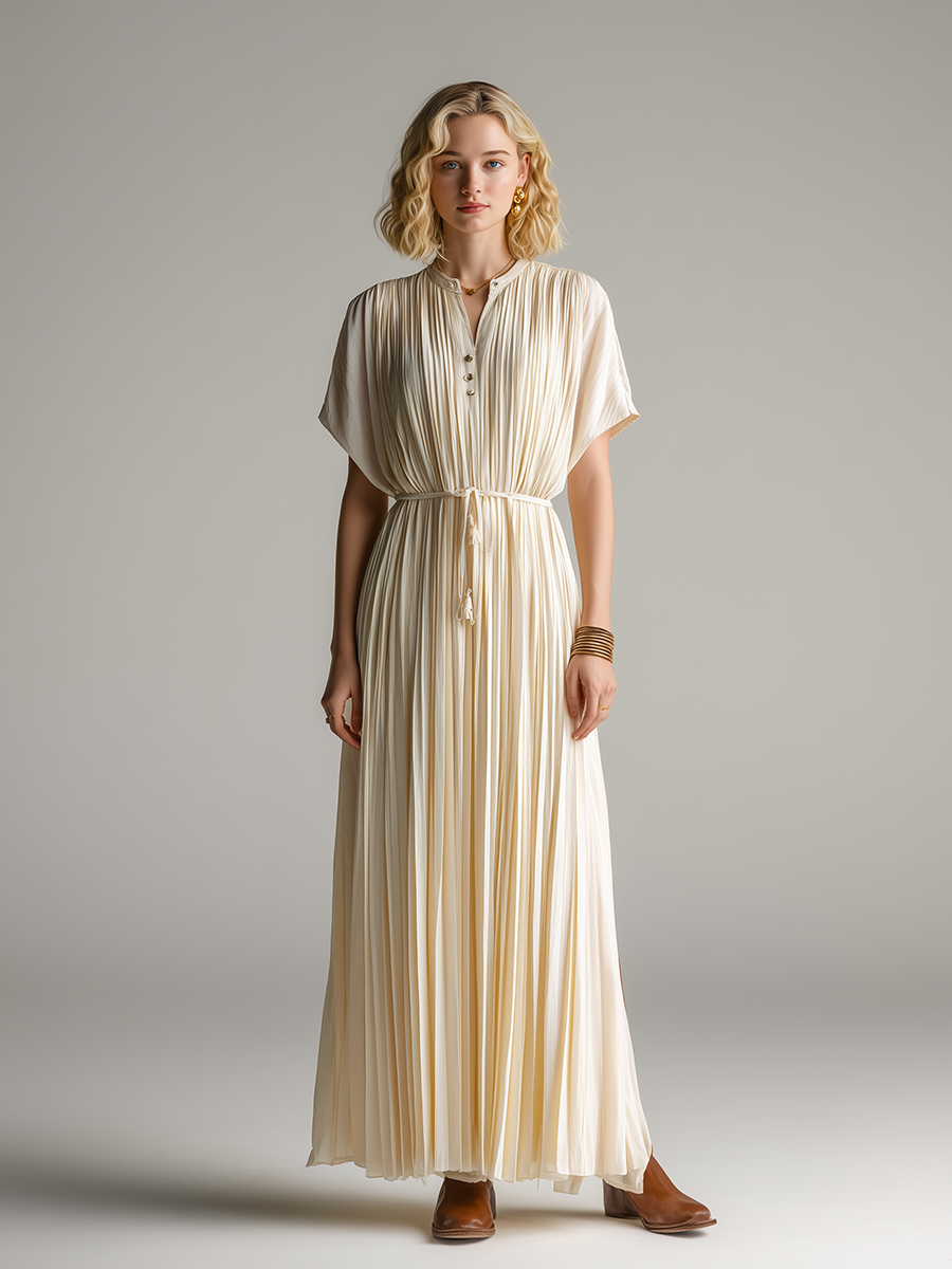 Women's Minimalist & Elegant Pleated Maxi Dress — Off-White, Short Sleeve