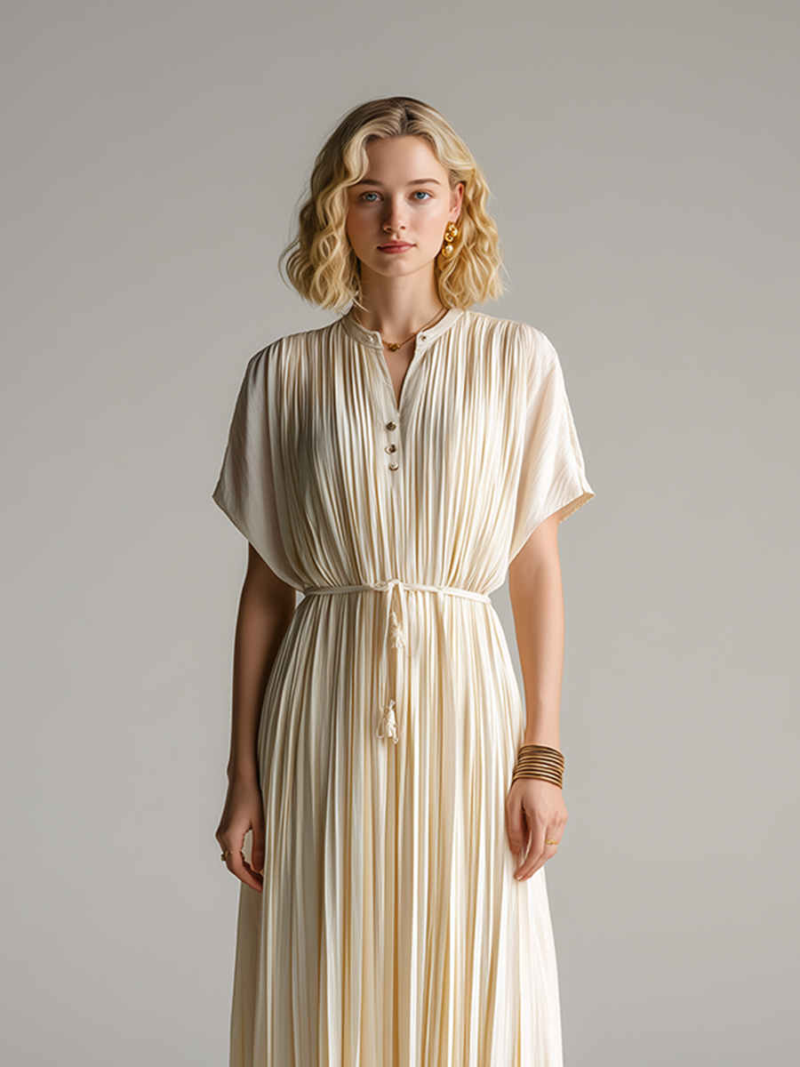 Women's Minimalist & Elegant Pleated Maxi Dress — Off-White, Short Sleeve