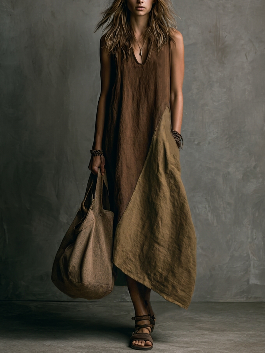 Women's Casual Brown And Khaki Cotton-Linen Patchwork V-Neck Sleeveless Asymmetrical Long Dress