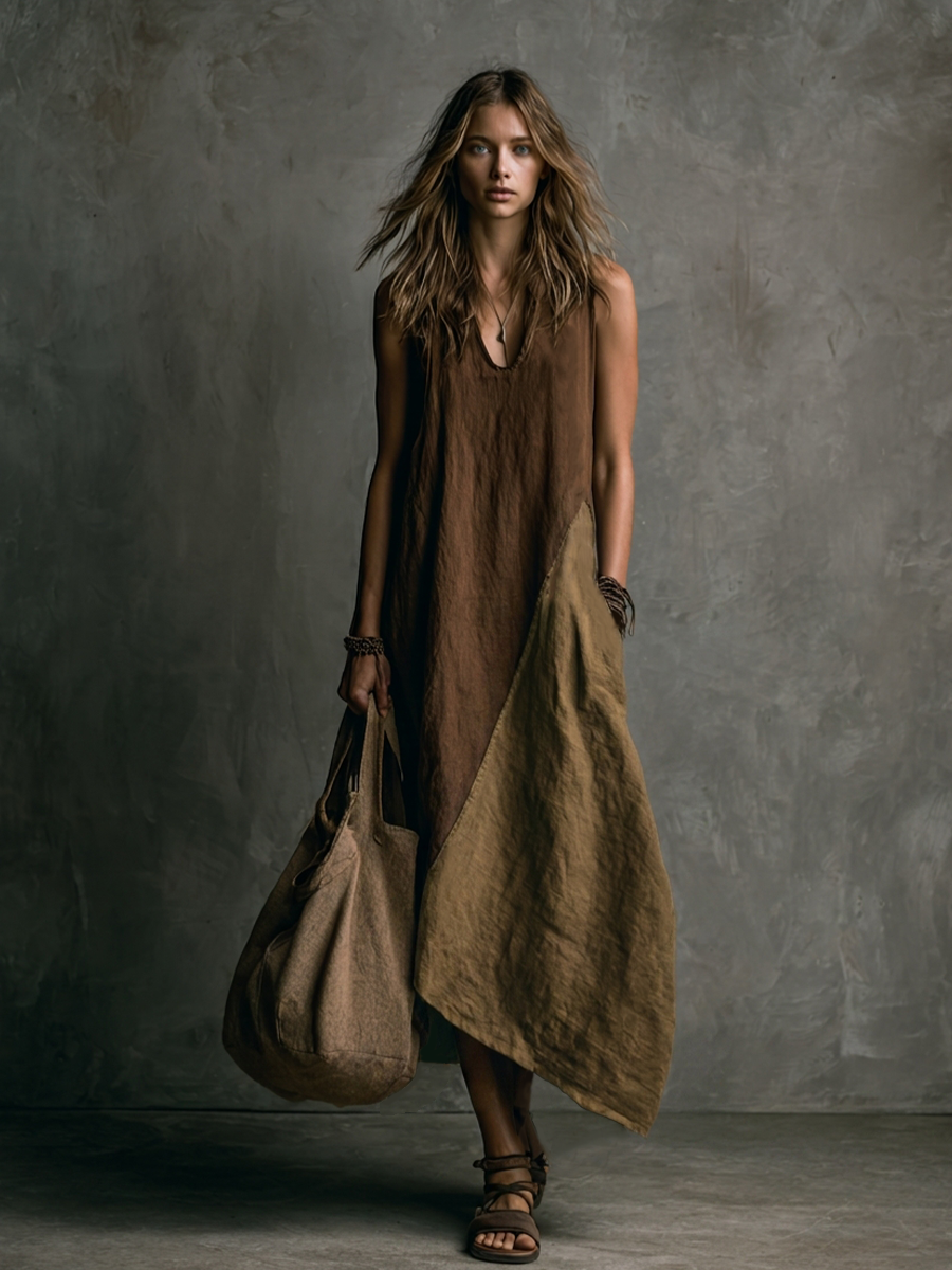 Women's Casual Brown And Khaki Cotton-Linen Patchwork V-Neck Sleeveless Asymmetrical Long Dress