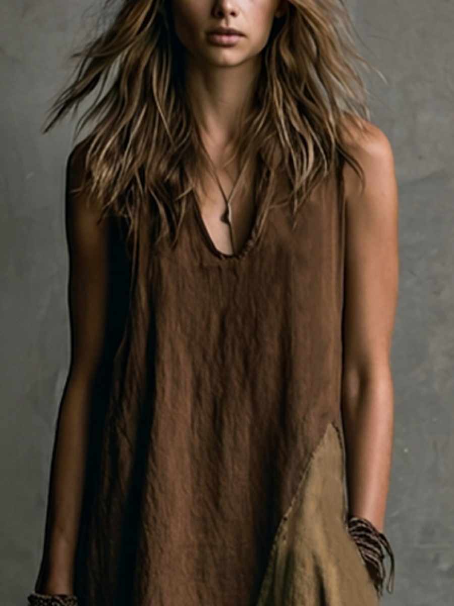 Women's Casual Brown And Khaki Cotton-Linen Patchwork V-Neck Sleeveless Asymmetrical Long Dress