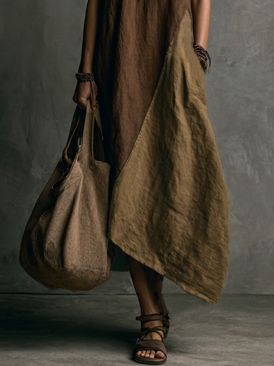 Women's Casual Brown And Khaki Cotton-Linen Patchwork V-Neck Sleeveless Asymmetrical Long Dress