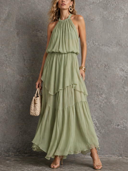 Women's Romantic Sage Green Chiffon Halter Waisted Tiered Maxi Dress