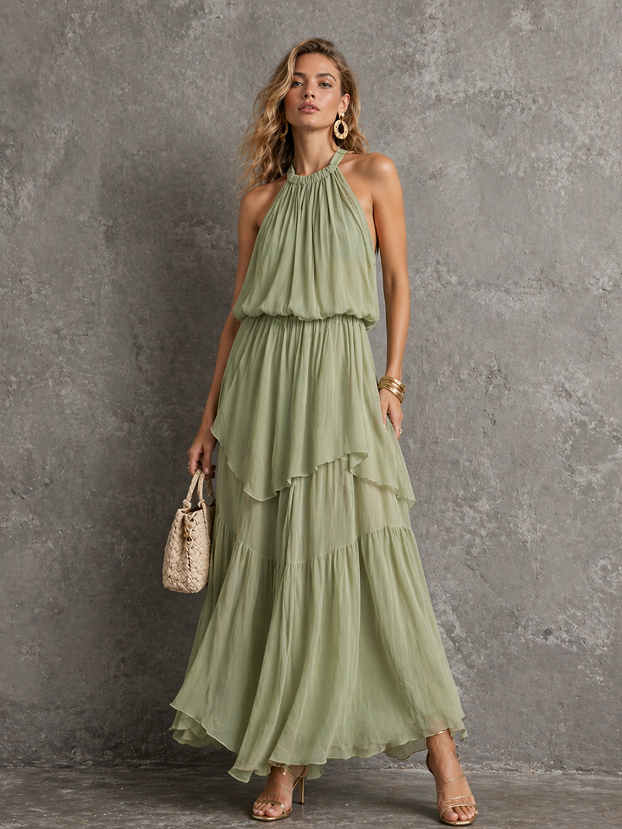 Women's Romantic Sage Green Chiffon Halter Waisted Tiered Maxi Dress