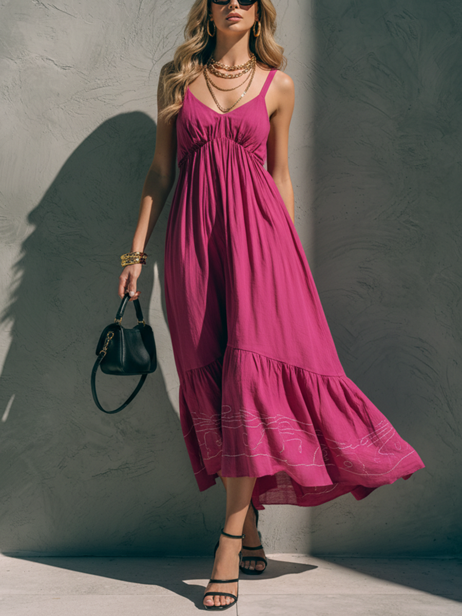 Women's Fashionable Rose Red Cotton Linen Camisole Embroidered V-Neck Midi Dress