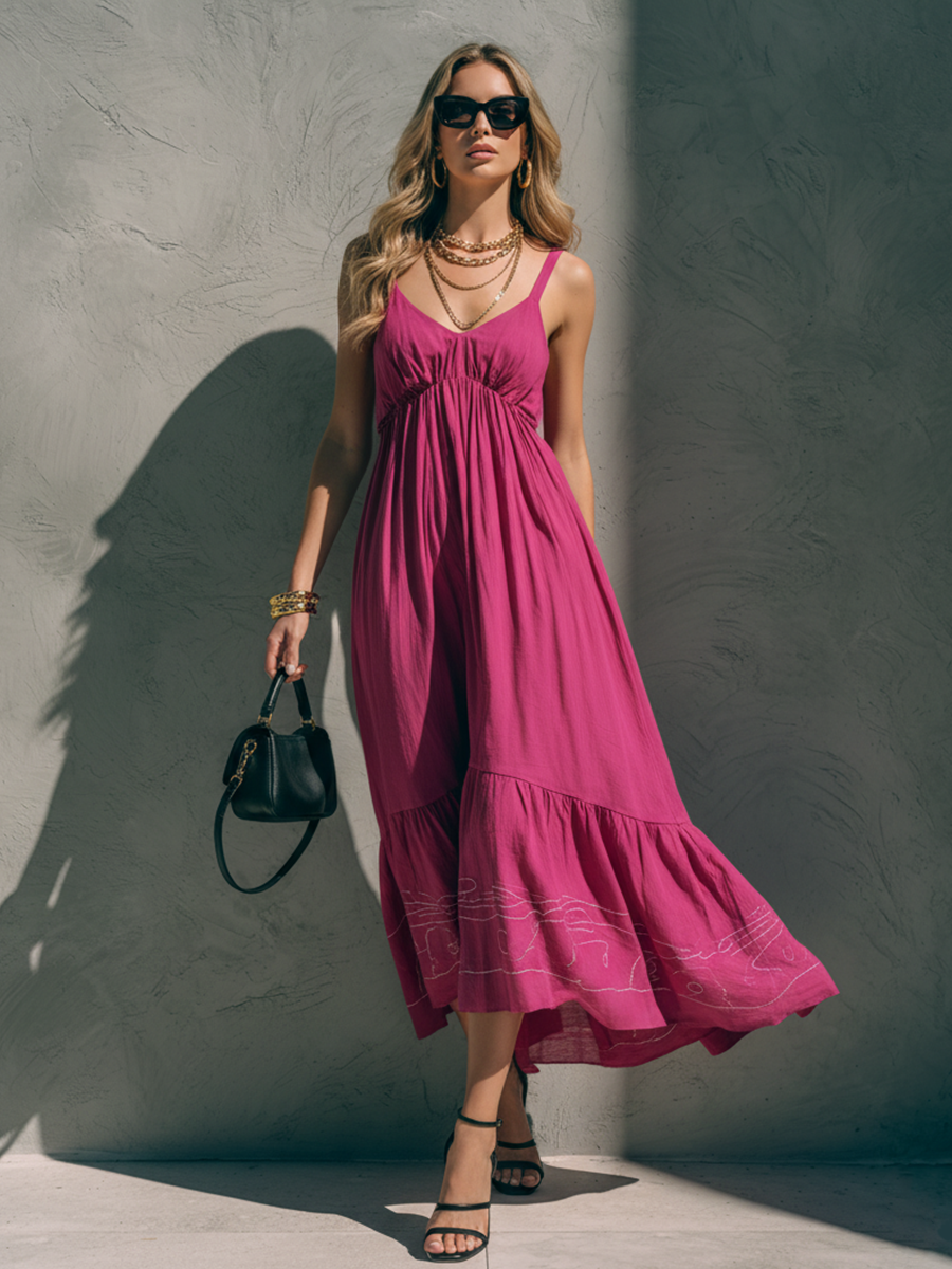 Women's Fashionable Rose Red Cotton Linen Camisole Embroidered V-Neck Midi Dress