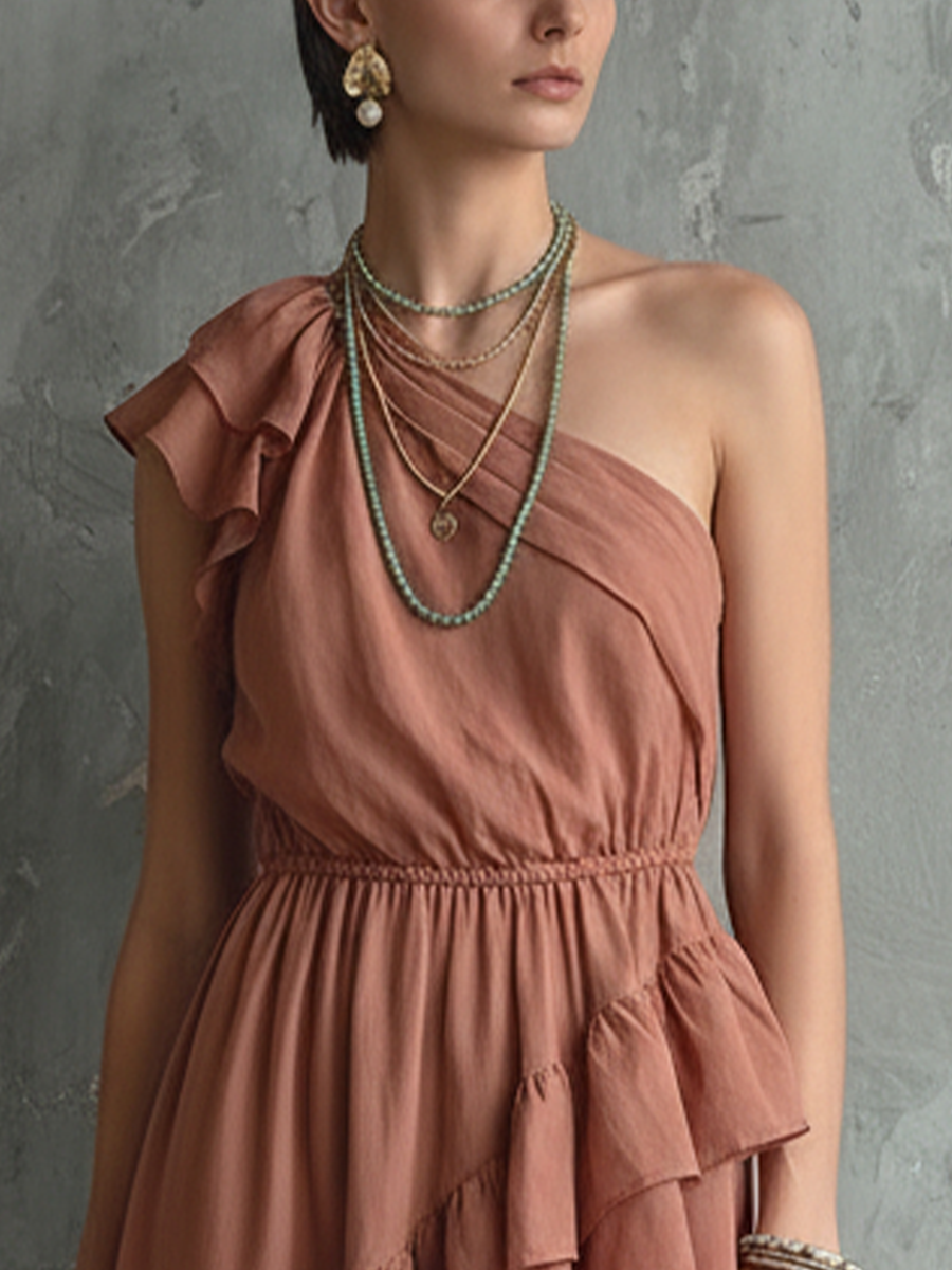 Women's Romantic Pink Cotton Blend One-Shoulder Ruffled Waist-Cinching Short Dress