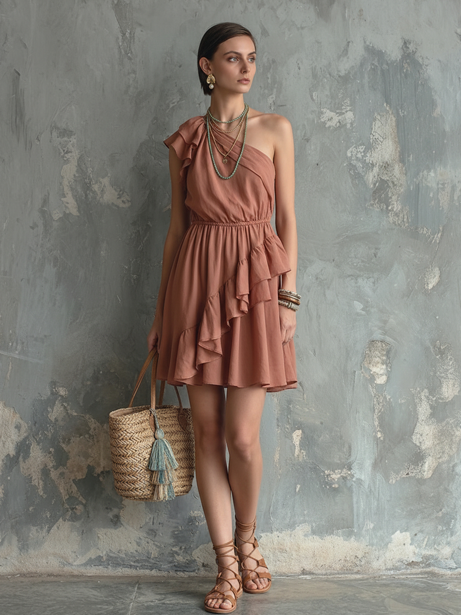 Women's Romantic Pink Cotton Blend One-Shoulder Ruffled Waist-Cinching Short Dress