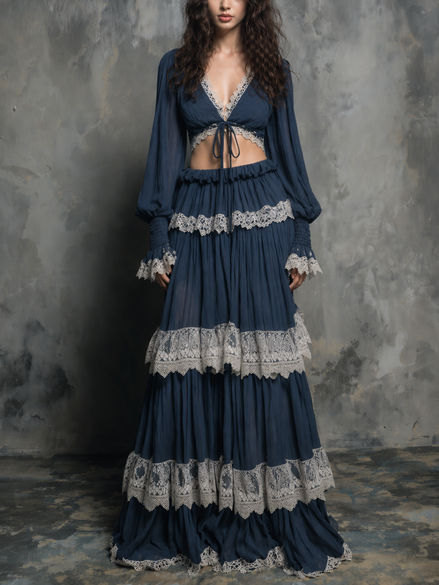 Women's Bohemian-Style Vintage Romantic Deep Navy Blue Lace-Trimmed Tiered Maxi Skirt And Cropped Top Set