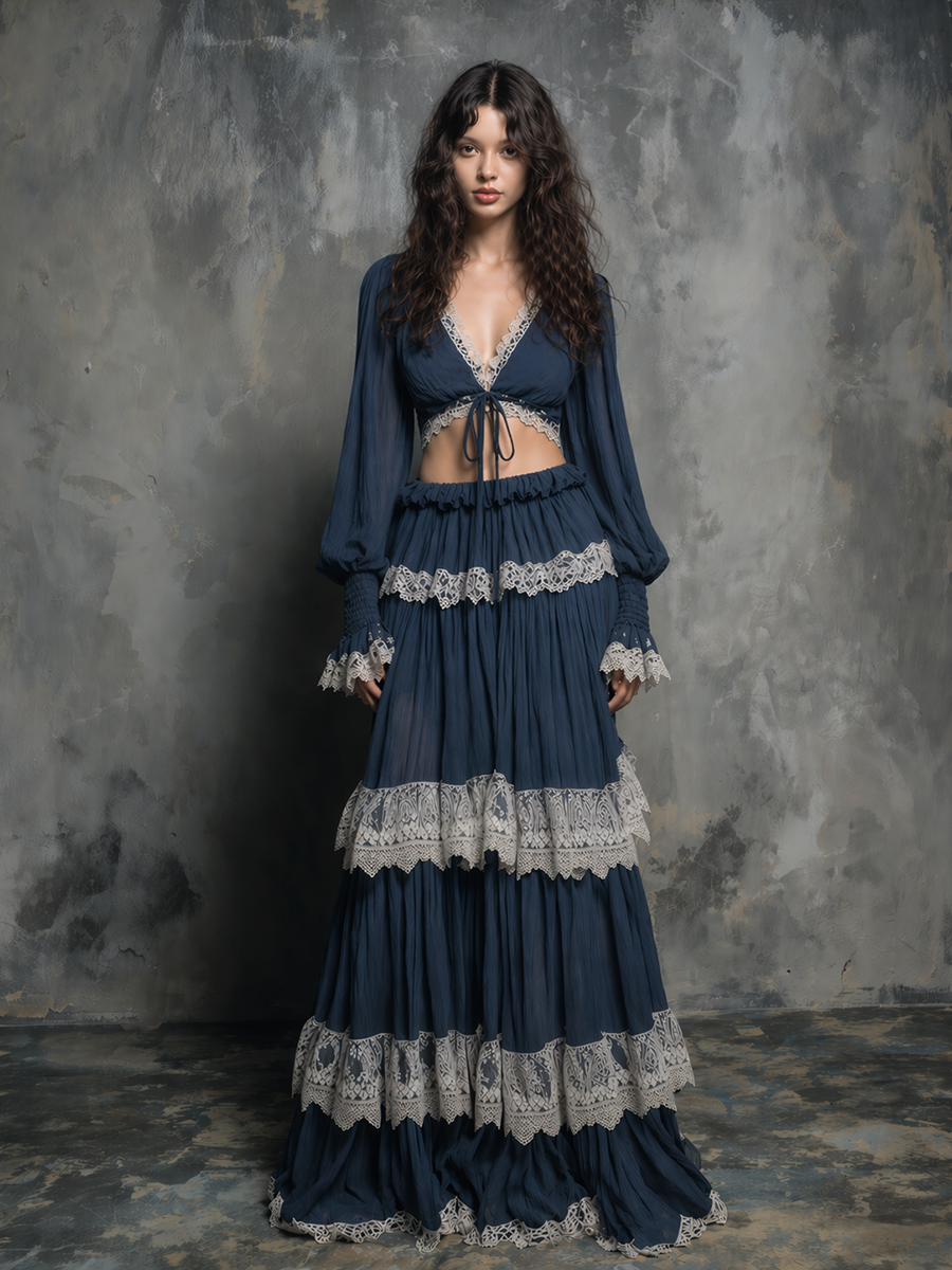 Women's Bohemian-Style Vintage Romantic Deep Navy Blue Lace-Trimmed Tiered Maxi Skirt And Cropped Top Set