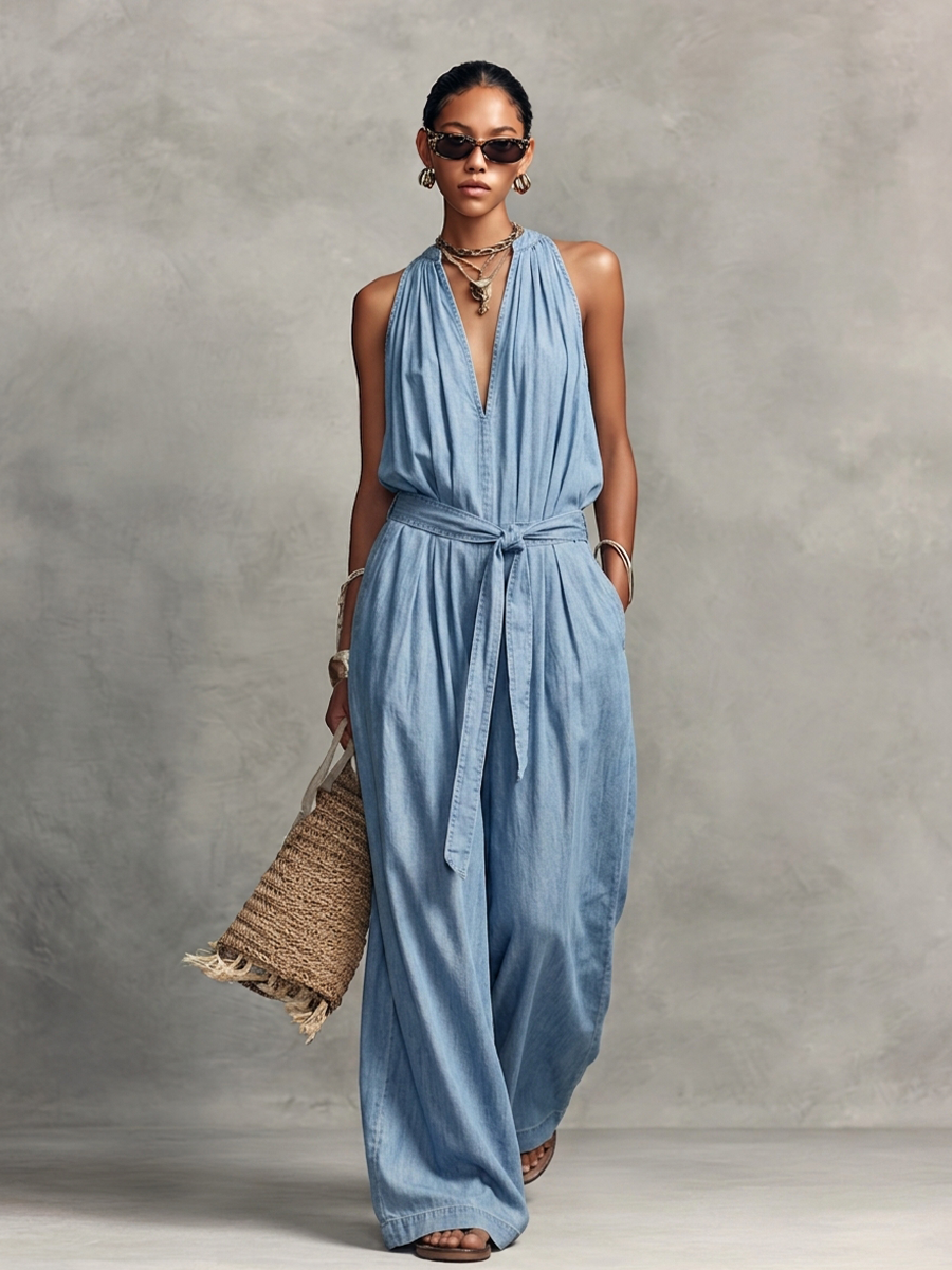 Women's Casual Light Blue Denim-Look Halter V-Neck Tie-Waist Wide-Leg Jumpsuit