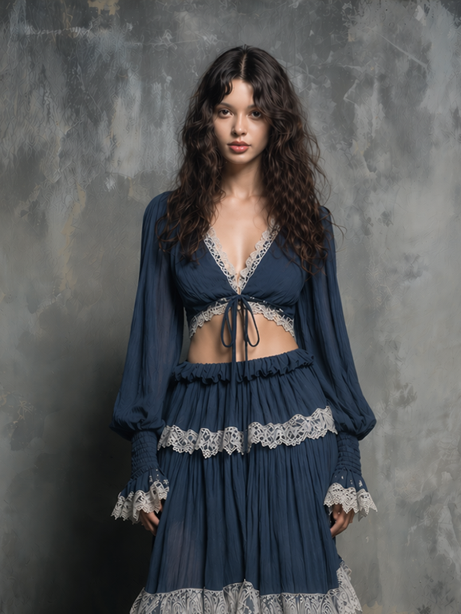 Women's Bohemian-Style Vintage Romantic Deep Navy Blue Lace-Trimmed Tiered Maxi Skirt And Cropped Top Set