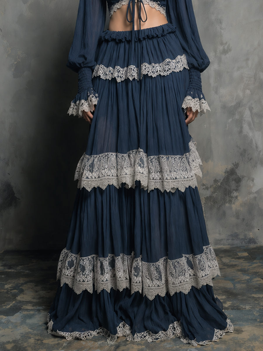 Women's Bohemian-Style Vintage Romantic Deep Navy Blue Lace-Trimmed Tiered Maxi Skirt And Cropped Top Set