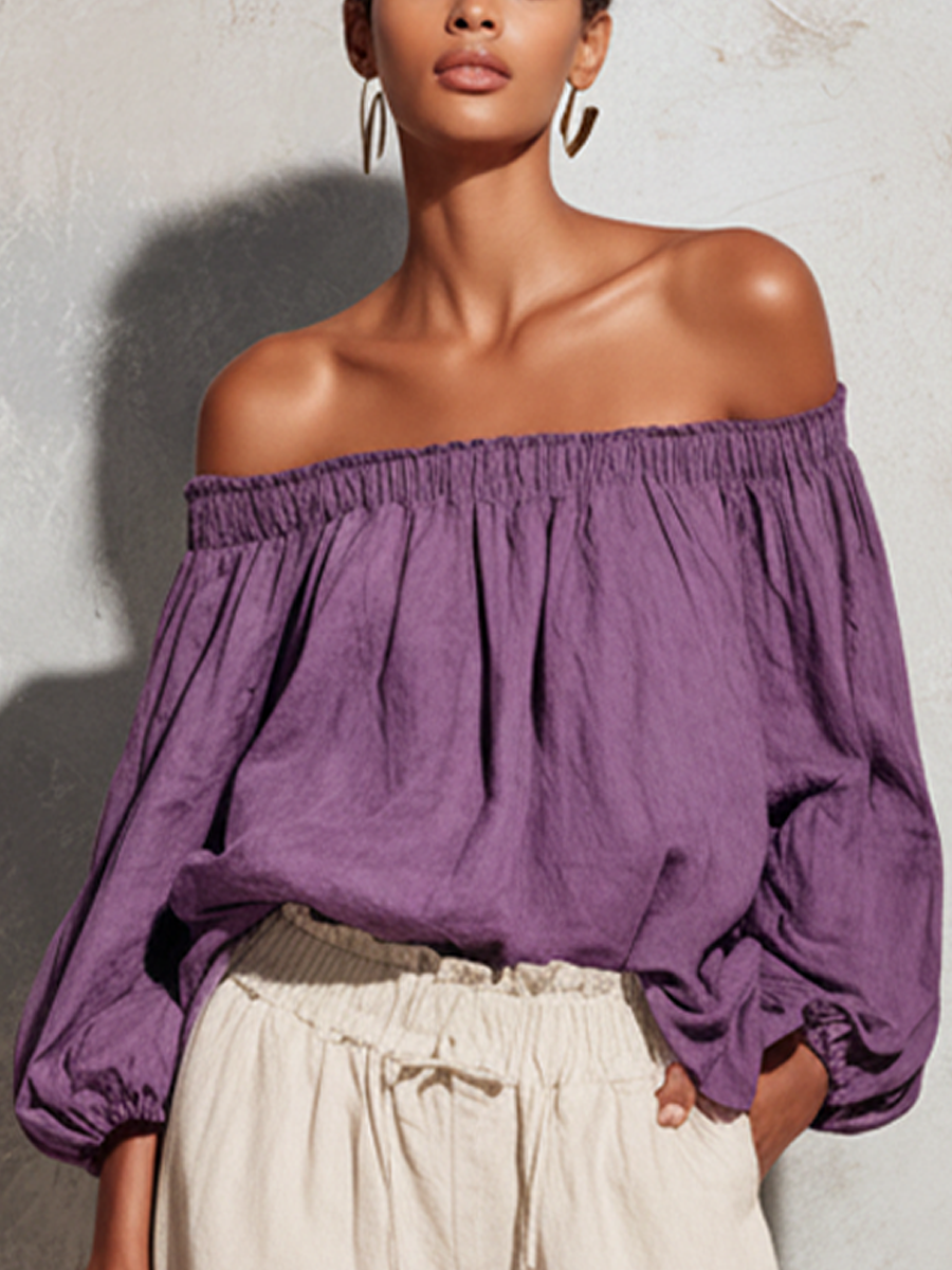 Women's Casual Style Purple Cotton And Linen Off-Shoulder Long Lantern Sleeve Top And White Cotton And Linen Capri Pants Set