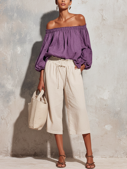 Women's Casual Style Purple Cotton And Linen Off-Shoulder Long Lantern Sleeve Top And White Cotton And Linen Capri Pants Set
