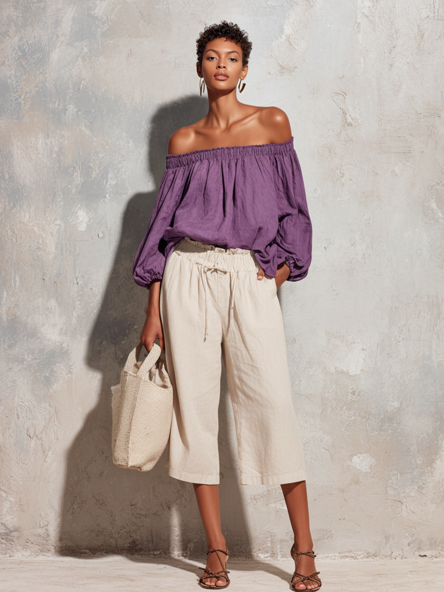Women's Casual Style Purple Cotton And Linen Off-Shoulder Long Lantern Sleeve Top And White Cotton And Linen Capri Pants Set