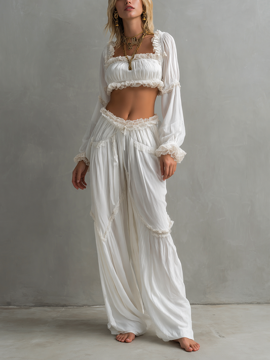 Women's Bohemian-Style White Chiffon & Lace Crop Top And Pants Set