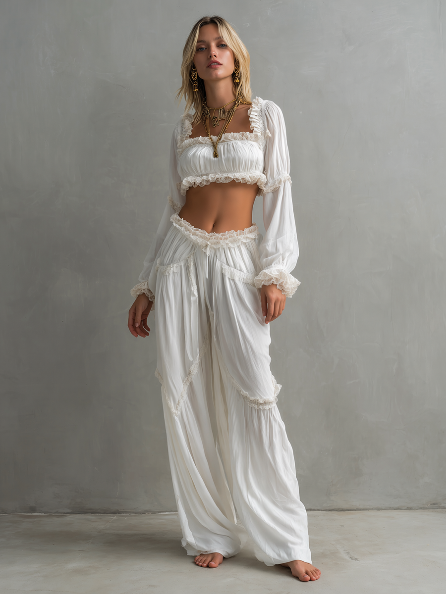 Women's Bohemian-Style White Chiffon & Lace Crop Top And Pants Set