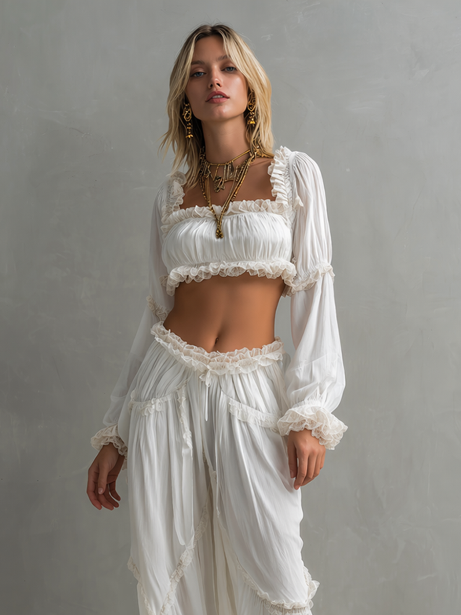 Women's Bohemian-Style White Chiffon & Lace Crop Top And Pants Set