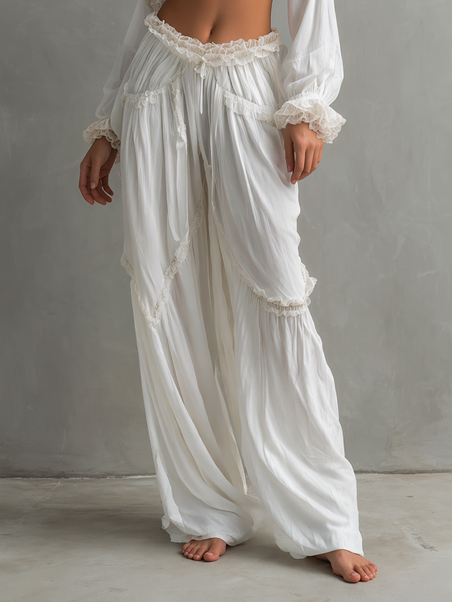 Women's Bohemian-Style White Chiffon & Lace Crop Top And Pants Set