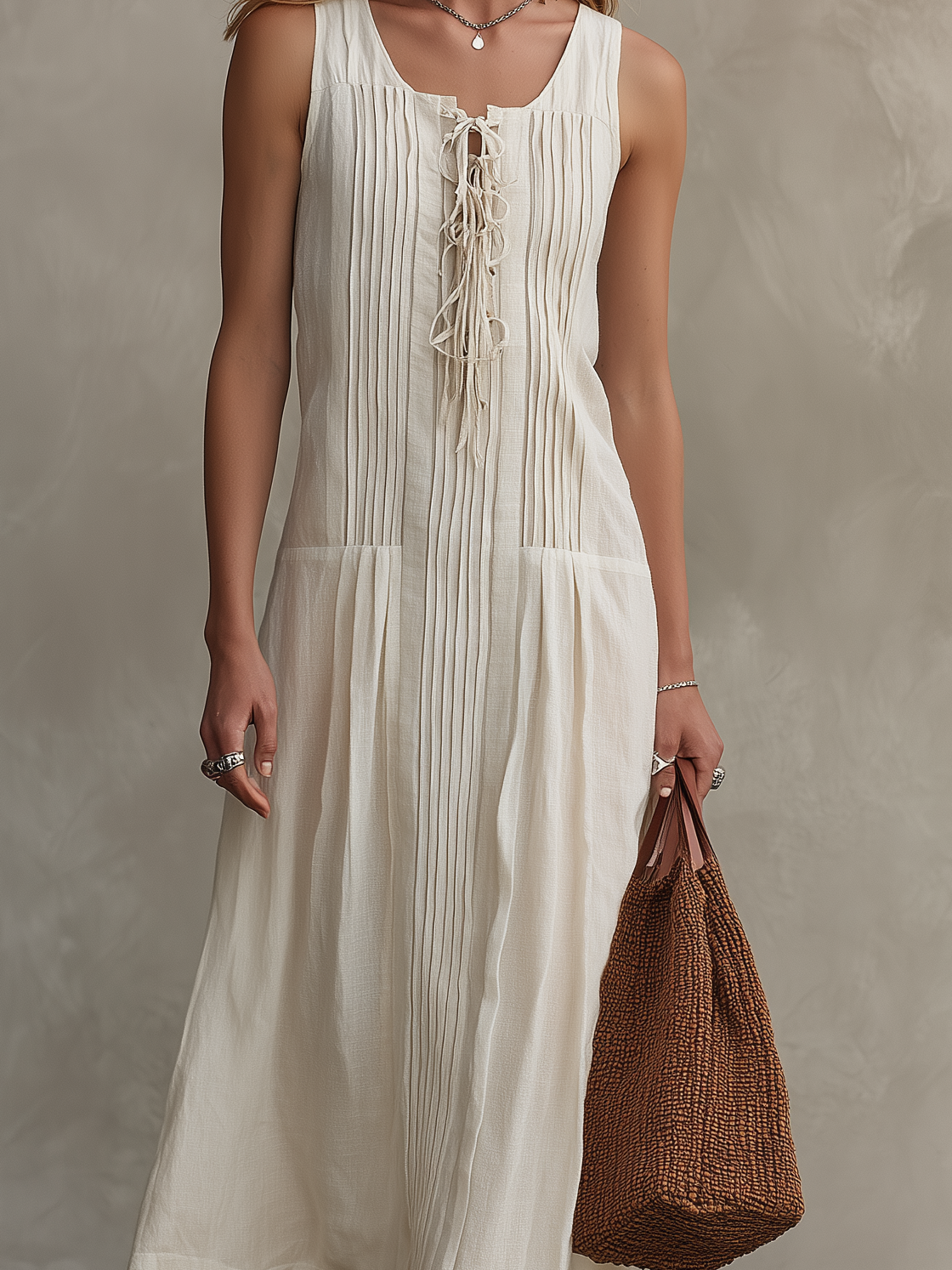Women's Casual Sleeveless Maxi Dress In Ecru Cotton-Linen Blend