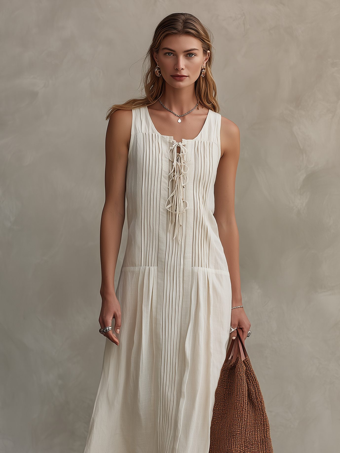 Women's Casual Sleeveless Maxi Dress In Ecru Cotton-Linen Blend