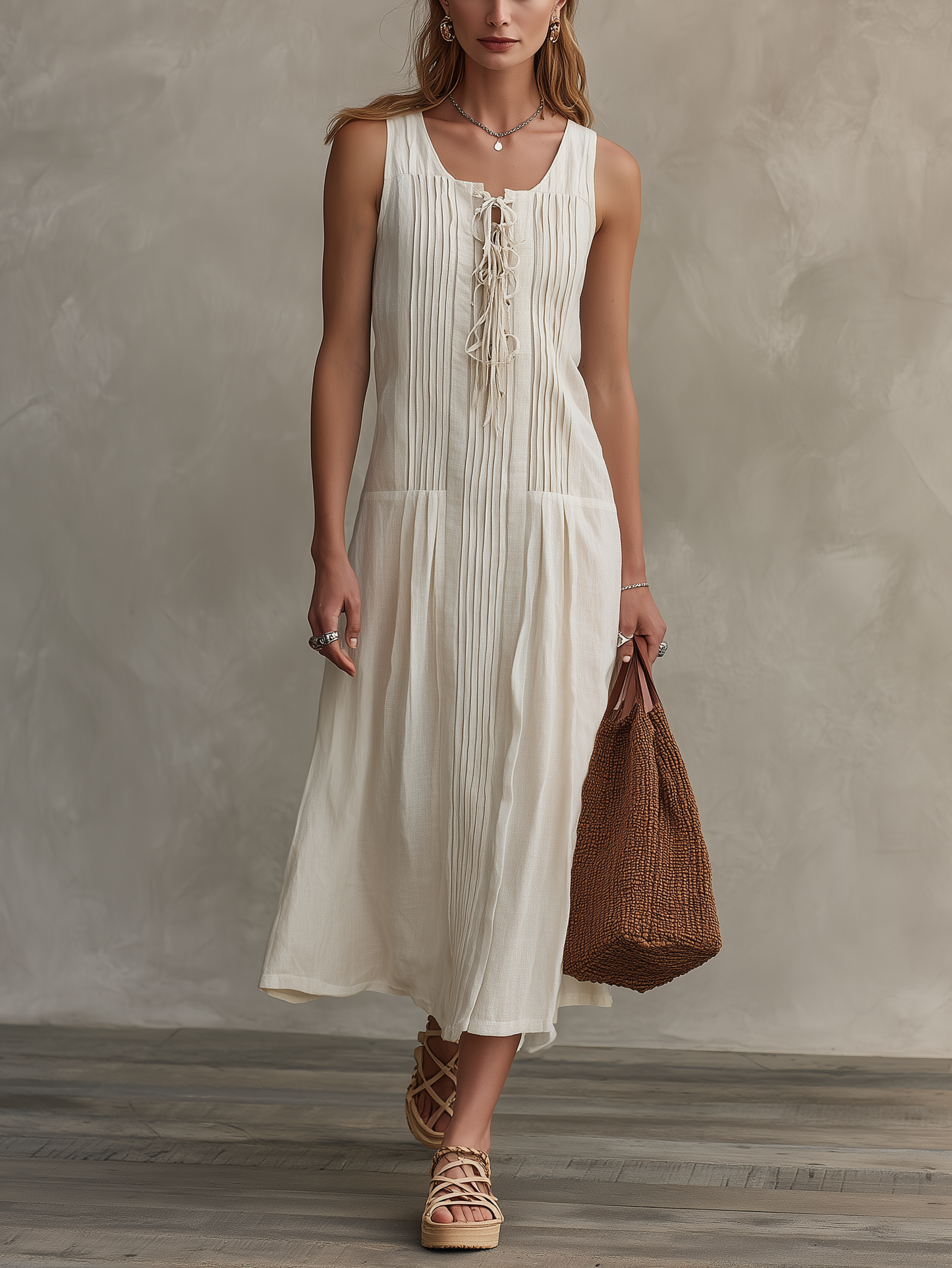 Women's Casual Sleeveless Maxi Dress In Ecru Cotton-Linen Blend