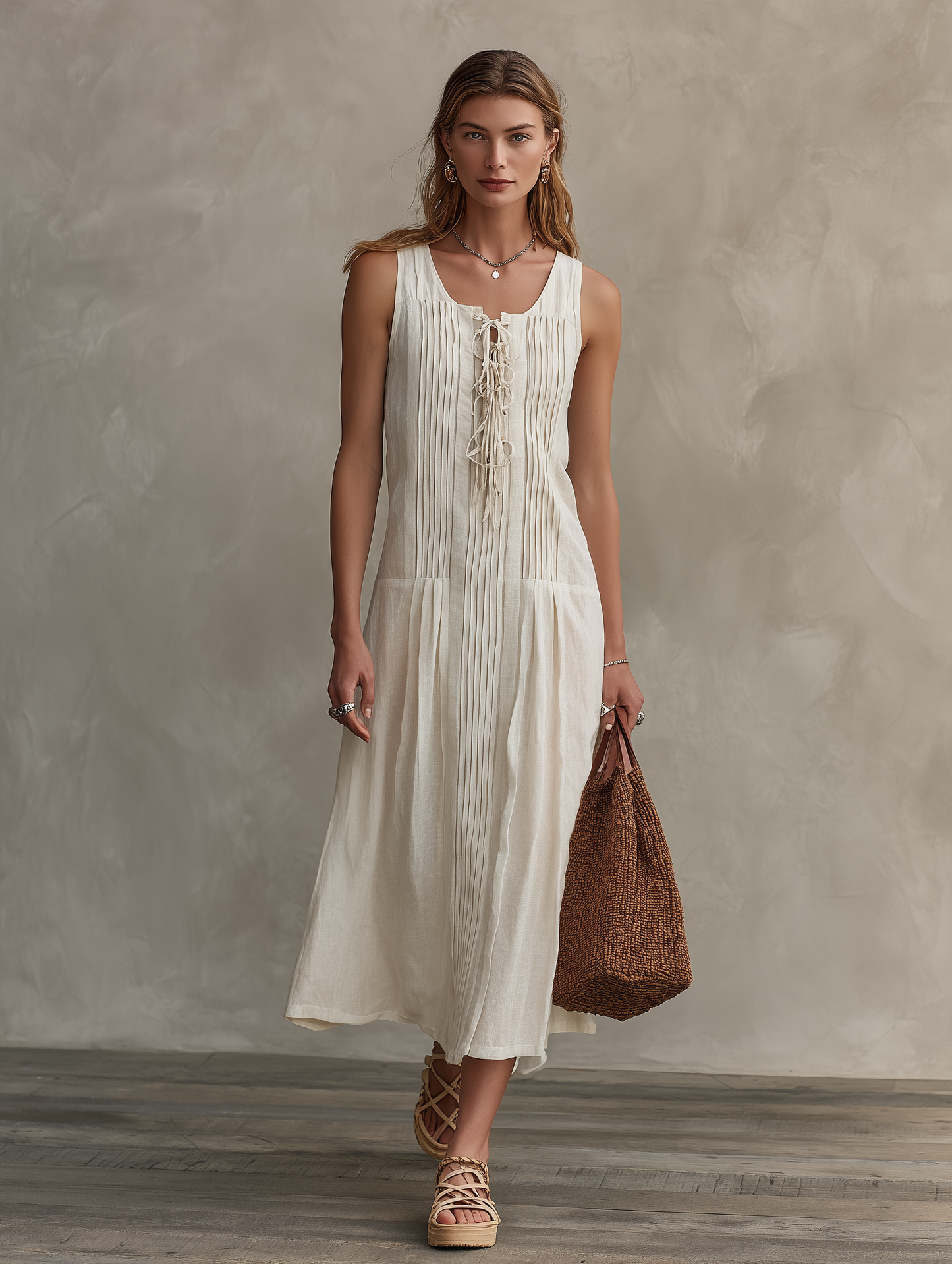 Women's Casual Sleeveless Maxi Dress In Ecru Cotton-Linen Blend