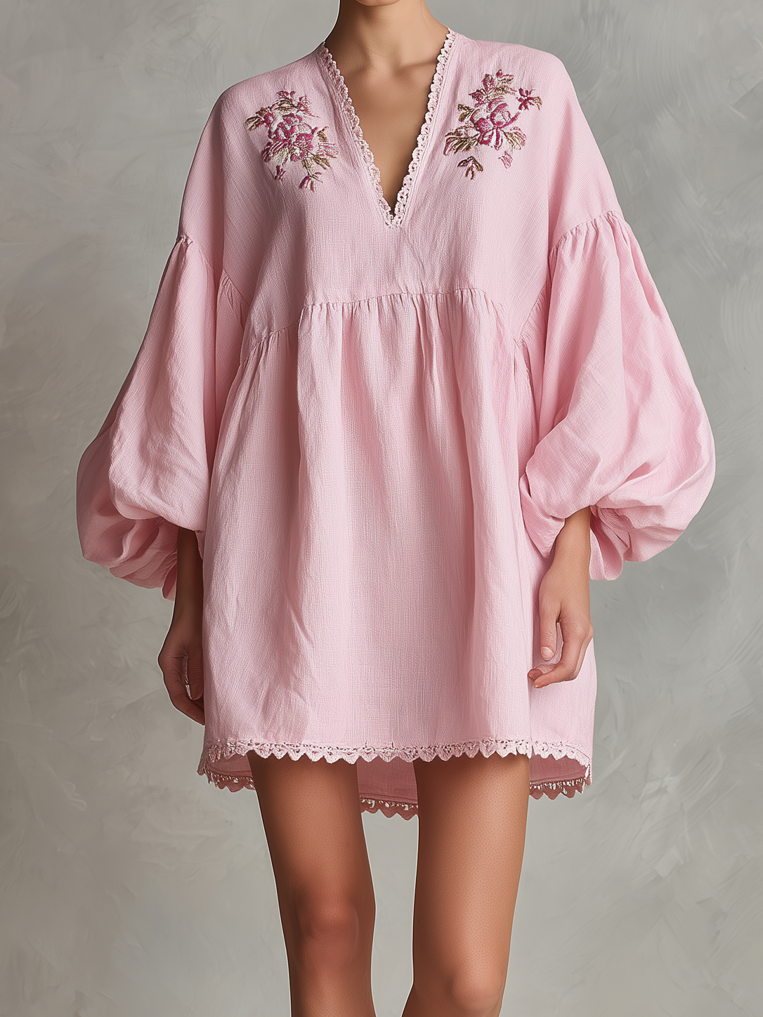 Women's Casual Light Pink Cotton-Linen Mini Dress — V-Neck, Embroidered, Long Puff Sleeves