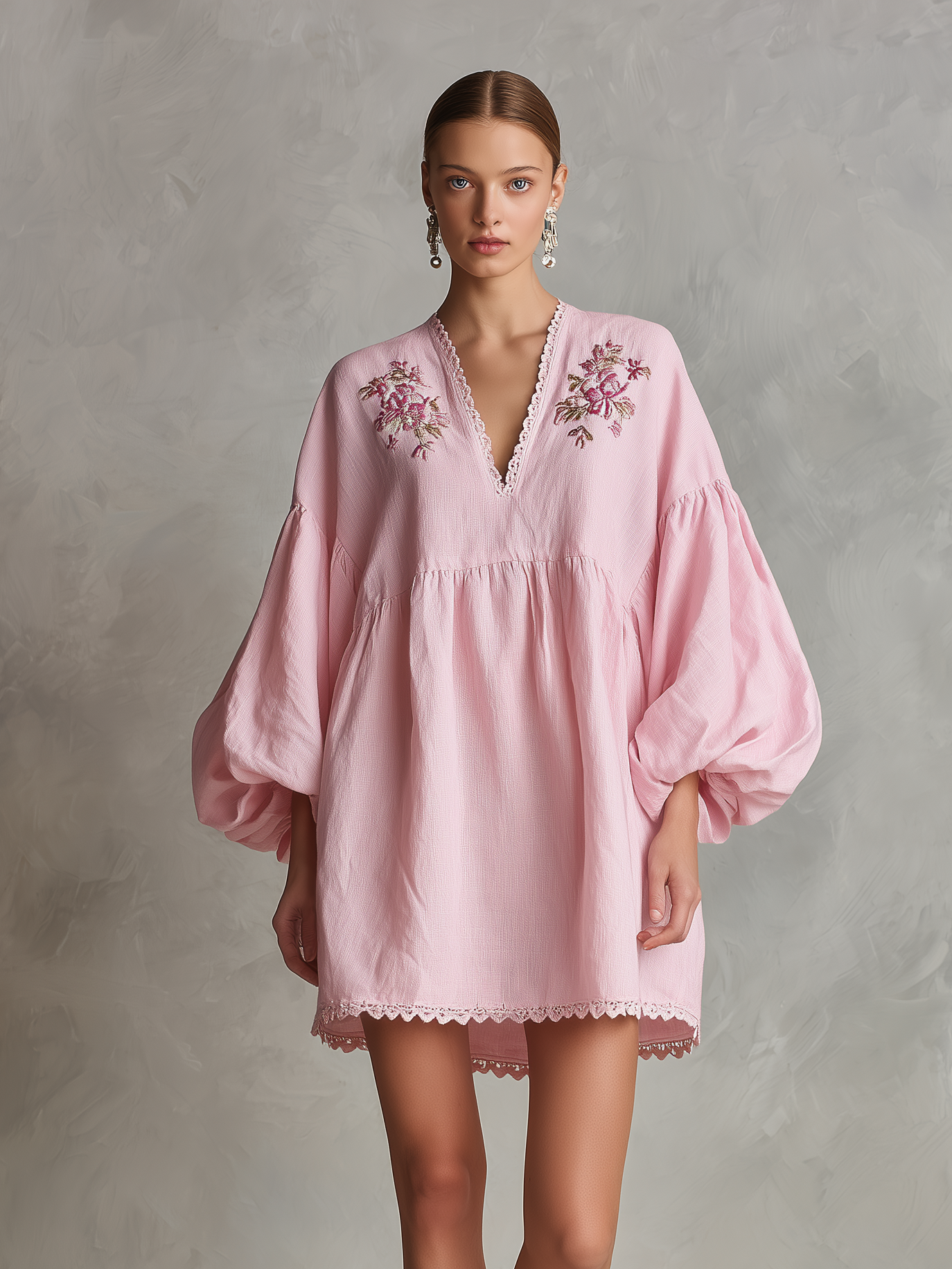 Women's Casual Light Pink Cotton-Linen Mini Dress — V-Neck, Embroidered, Long Puff Sleeves