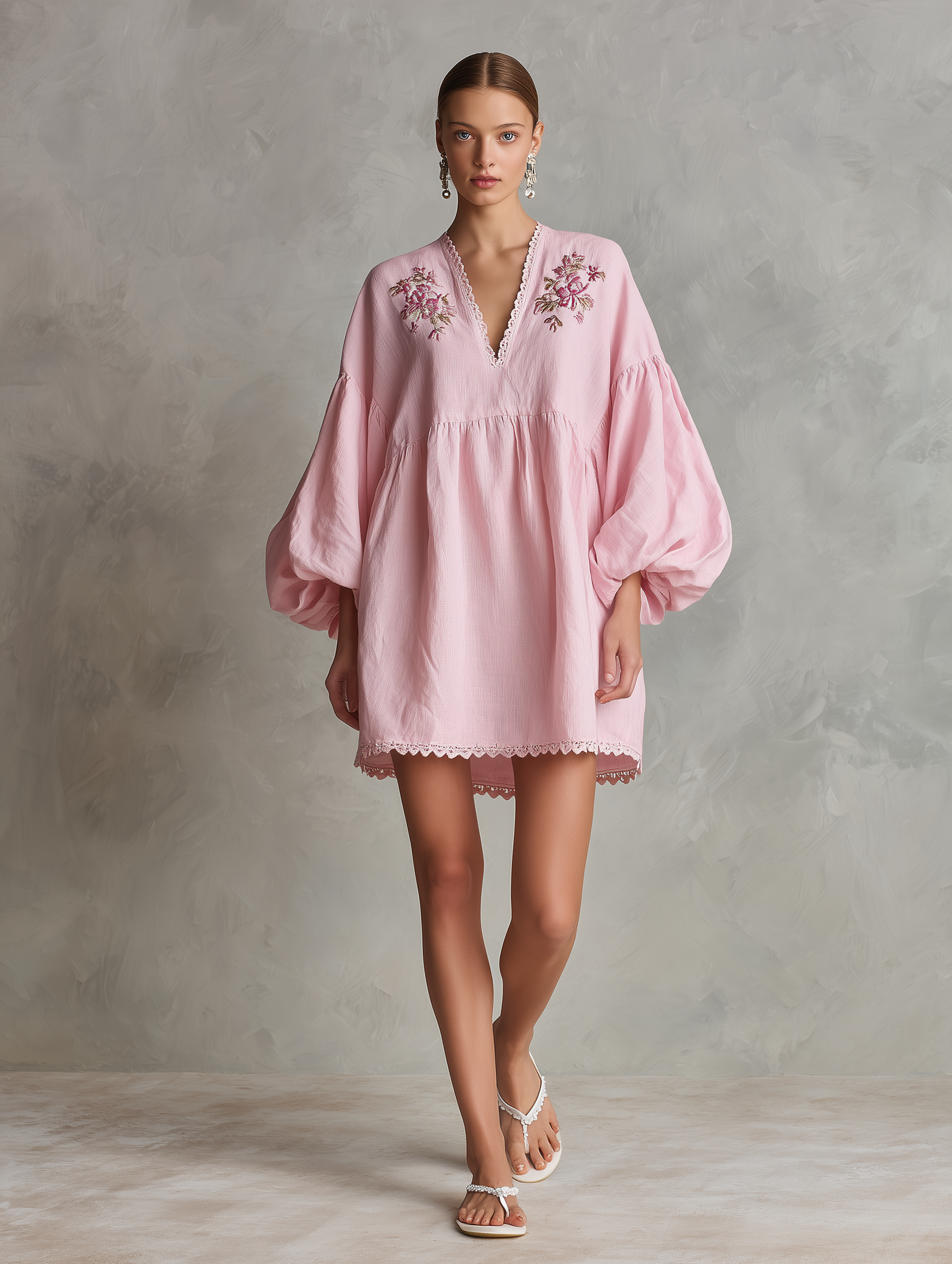 Women's Casual Light Pink Cotton-Linen Mini Dress — V-Neck, Embroidered, Long Puff Sleeves