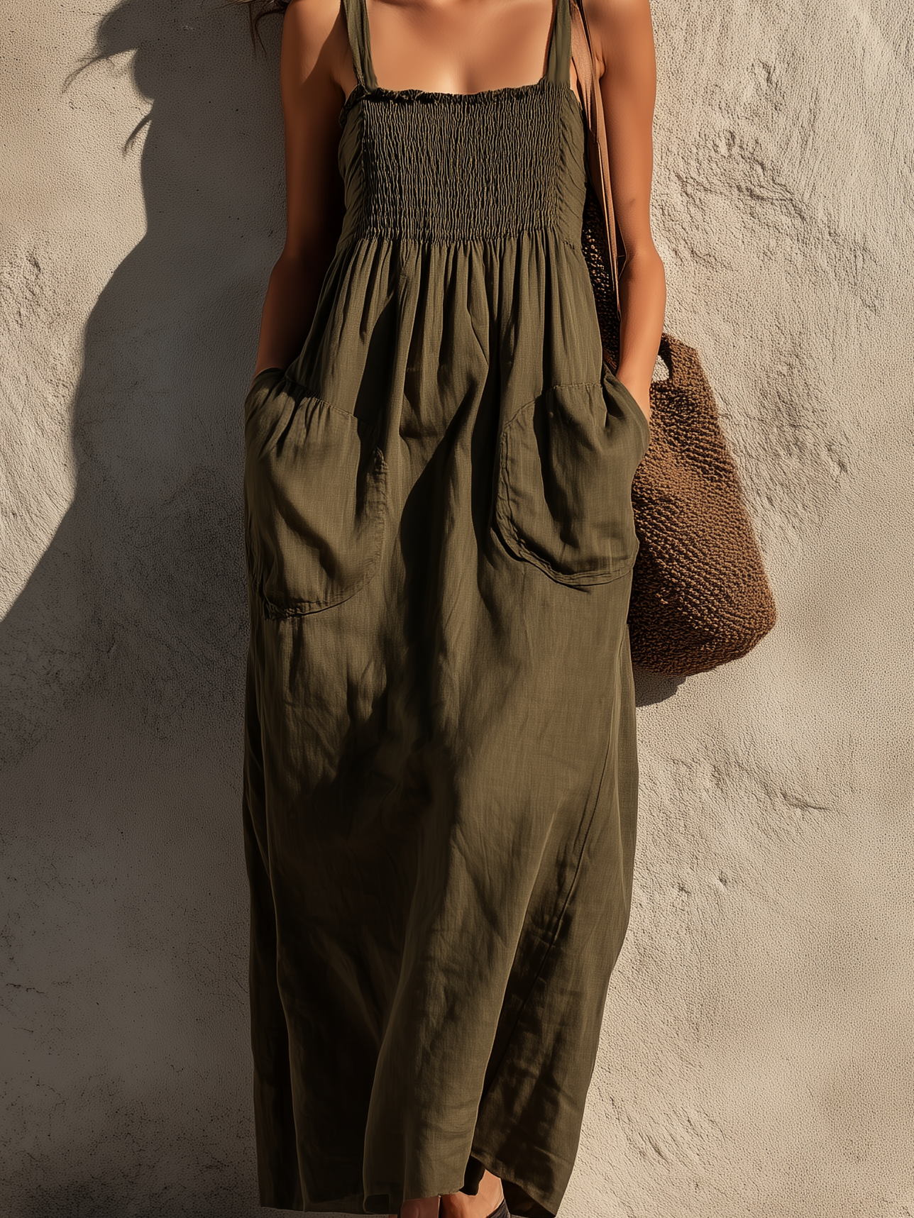 Women's Casual Olive Green Cotton-Linen Maxi Dress — Square Neck, Sleeveless