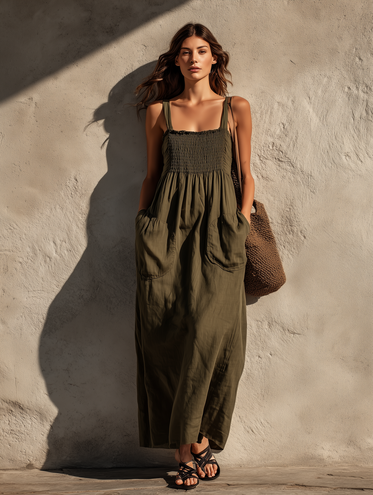 Women's Casual Olive Green Cotton-Linen Maxi Dress — Square Neck, Sleeveless