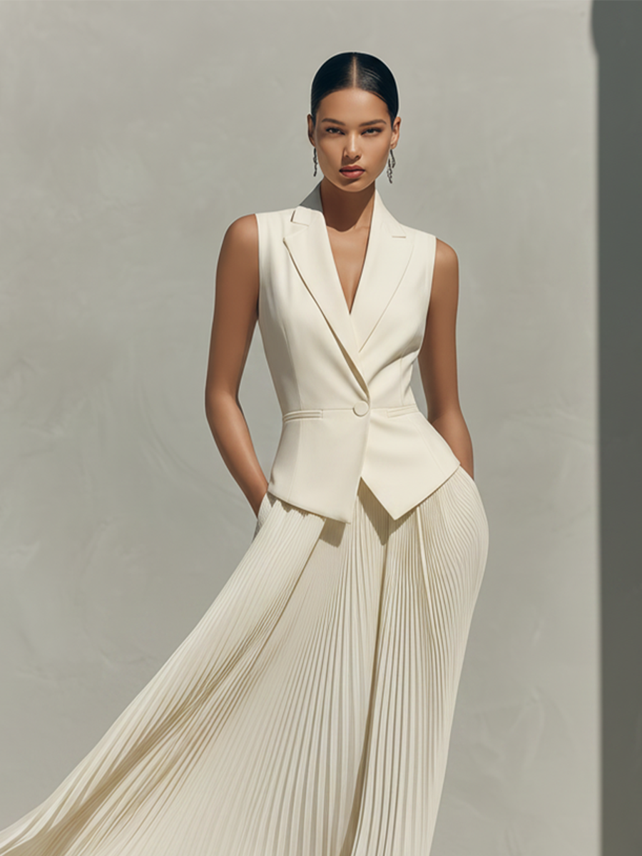 Women's Ivory Tailored Two-Piece Set With Blazer Vest & Pleated Midi Skirt, Timeless Sophisticated-Chic Formal Outfit