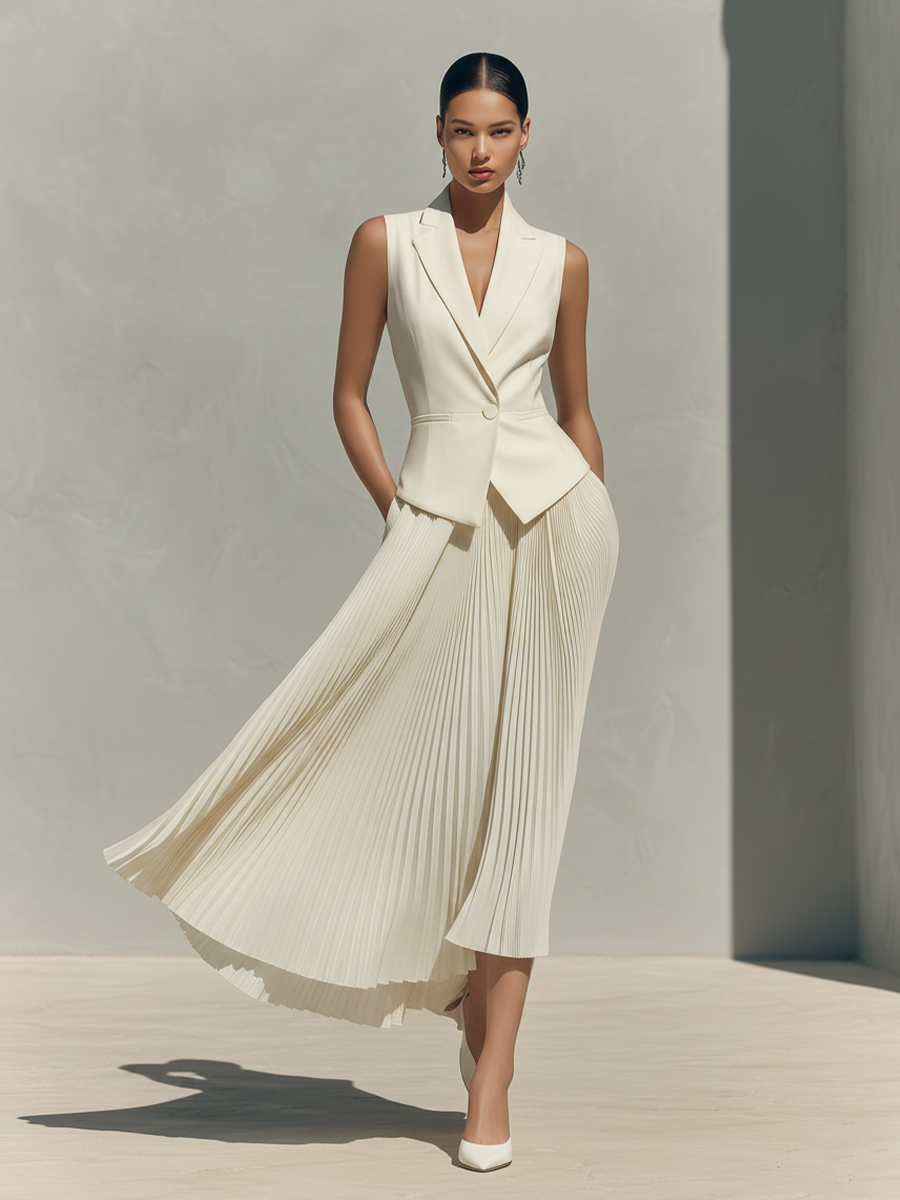 Women's Ivory Tailored Two-Piece Set With Blazer Vest & Pleated Midi Skirt, Timeless Sophisticated-Chic Formal Outfit