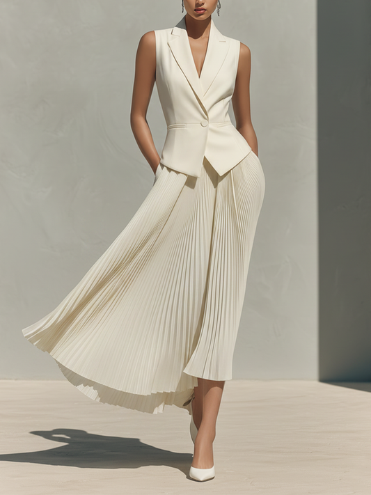 Women's Ivory Tailored Two-Piece Set With Blazer Vest & Pleated Midi Skirt, Timeless Sophisticated-Chic Formal Outfit
