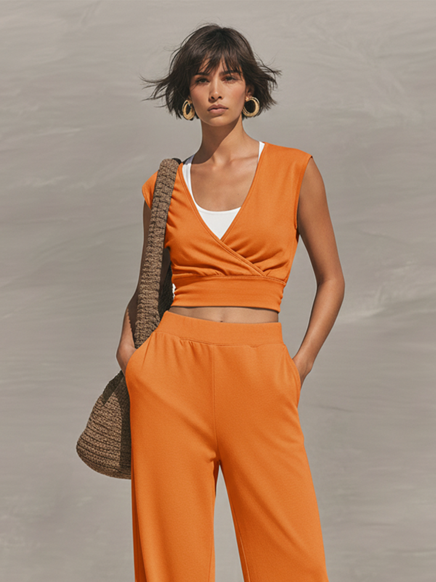 Women's Orange Jersey Two-Piece Set With Wrap Crop Top & Elastic Waist Pants, Timeless Athleisure-Chic Loungewear
