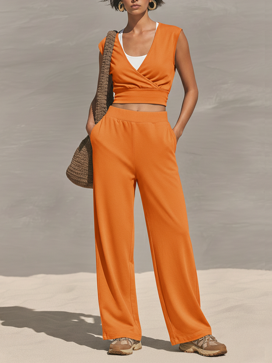 Women's Orange Jersey Two-Piece Set With Wrap Crop Top & Elastic Waist Pants, Timeless Athleisure-Chic Loungewear