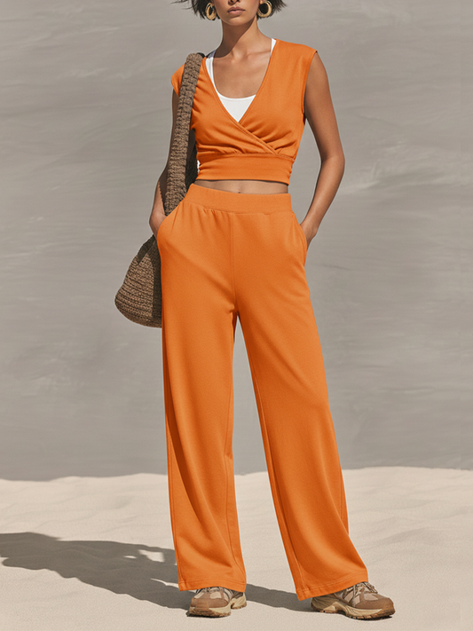Women's Orange Jersey Two-Piece Set With Wrap Crop Top & Elastic Waist Pants, Timeless Athleisure-Chic Loungewear