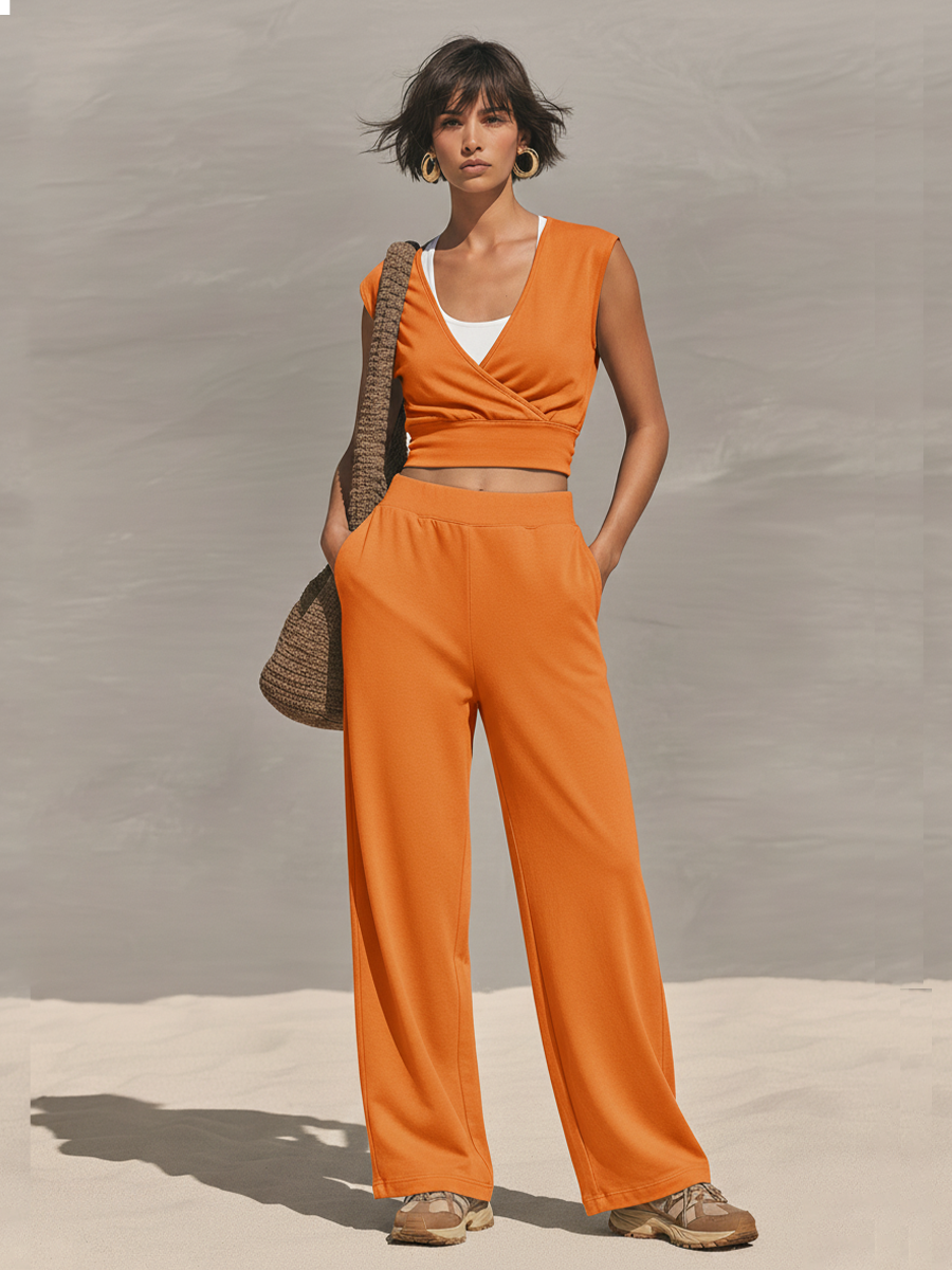 Women's Orange Jersey Two-Piece Set With Wrap Crop Top & Elastic Waist Pants, Timeless Athleisure-Chic Loungewear